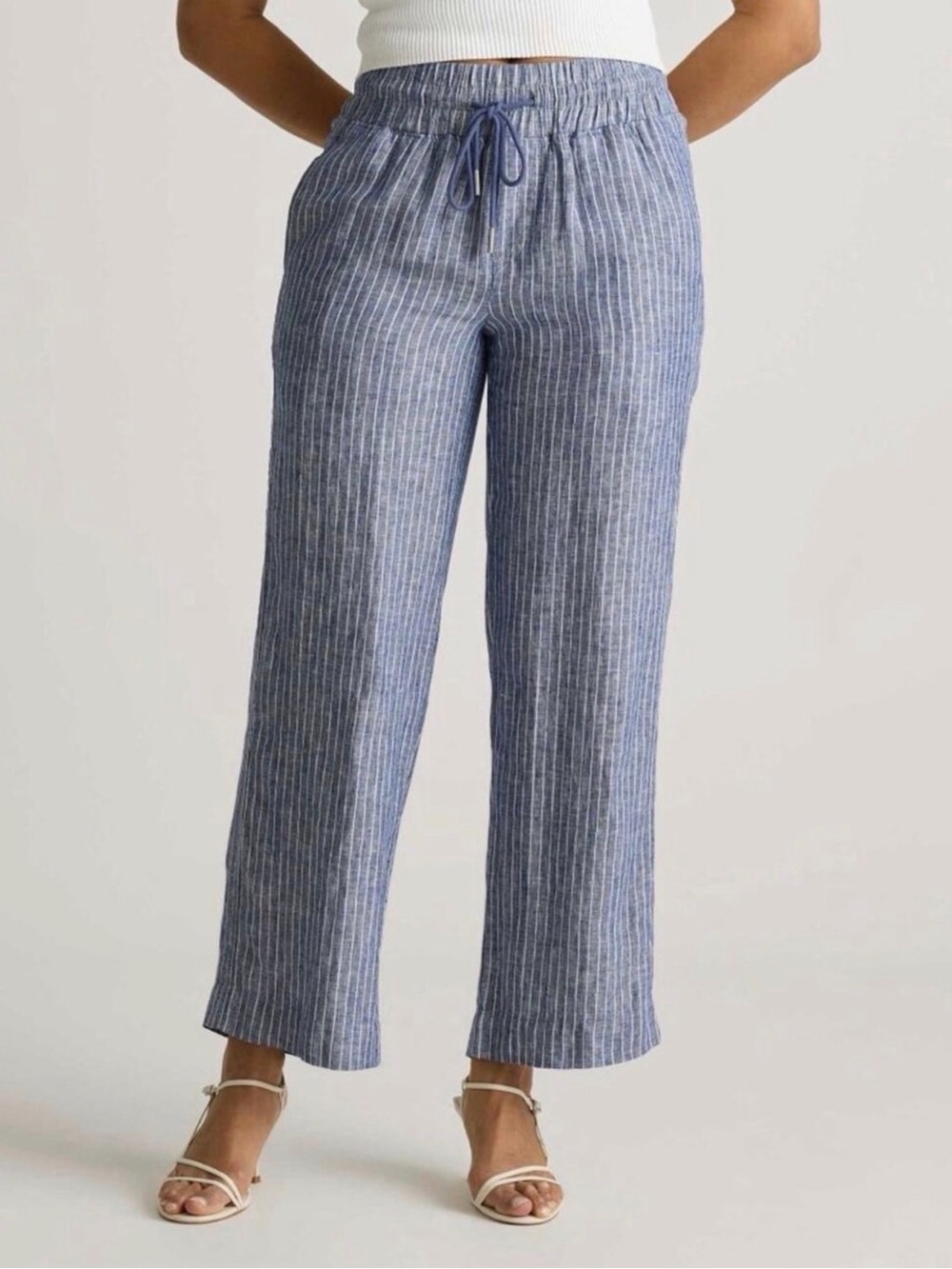 Quince 100% European Linen Wide Leg Pants Chambray Blue Striped Coastal